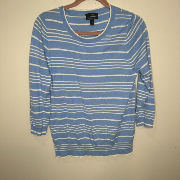 J.Crew 100% Italian Cashmere Blue Grey White Striped Cardigan Size Large Women’s - Picture 1 of 8